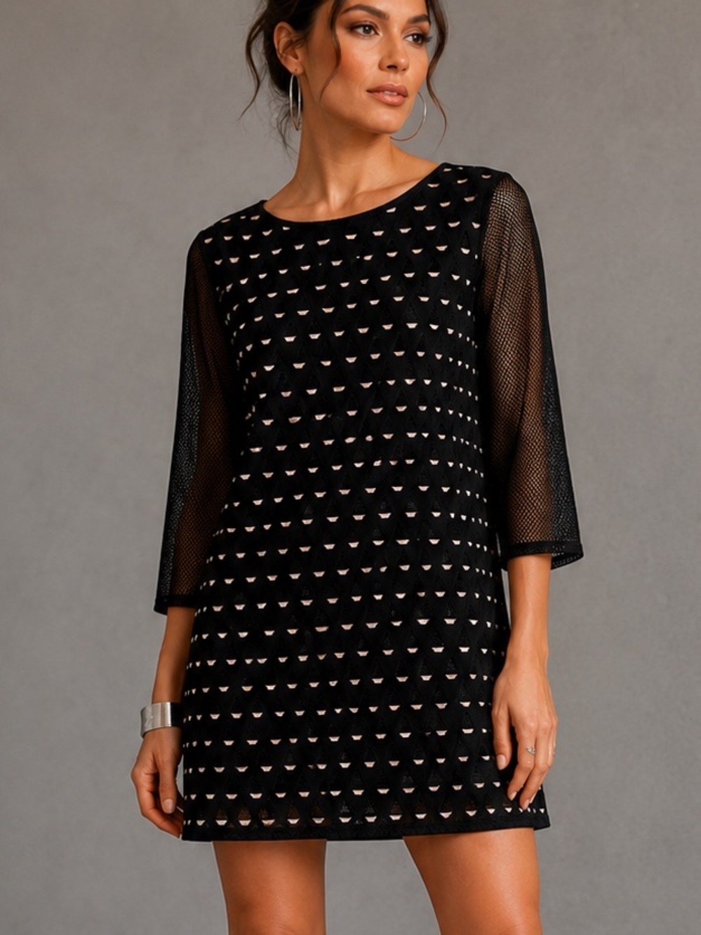 IC by Connie K Black Geometric Mesh Overlay Shift Tunic Dress Metallic Accents S
